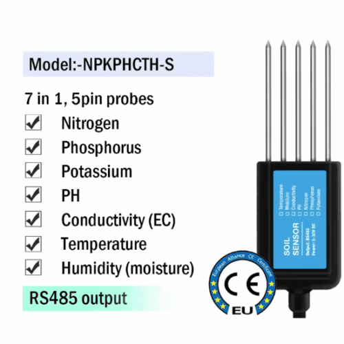 Sonde de Capteur 7 en 1 DC4.5-30V 5-Pin RS485 Température + Humidité + NPK + PH +EC Model: NPKPHCTH-S
