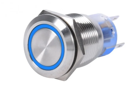 Bouton poussoir métallique étanche 16 mm 12-24 V avec voyant LED bleu